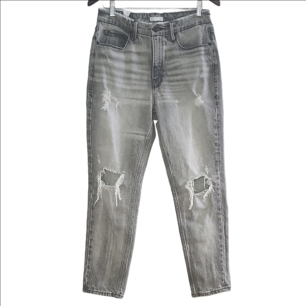 GOOD AMERICAN Gray high waisted distressed boyfriend jeans